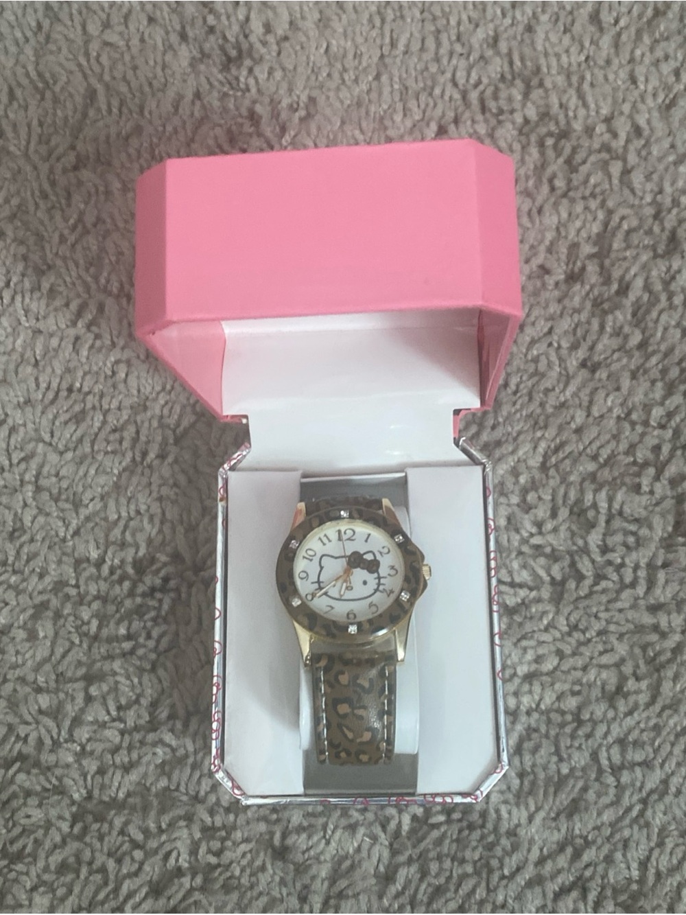 Sanrio Hello Kitty Gold-Tone Watch with Leopard-Print Strap and Pink Box